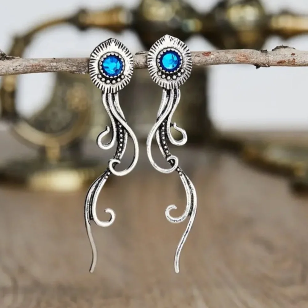 NWT! Long Gorgeous Silver Tone Pierced Dangle Earrings with Round Blue Cabochon!